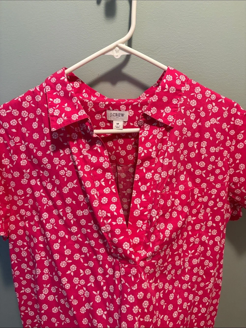 J. Crew Bright Pink Short-Sleeve Button Down with White Floral Print
